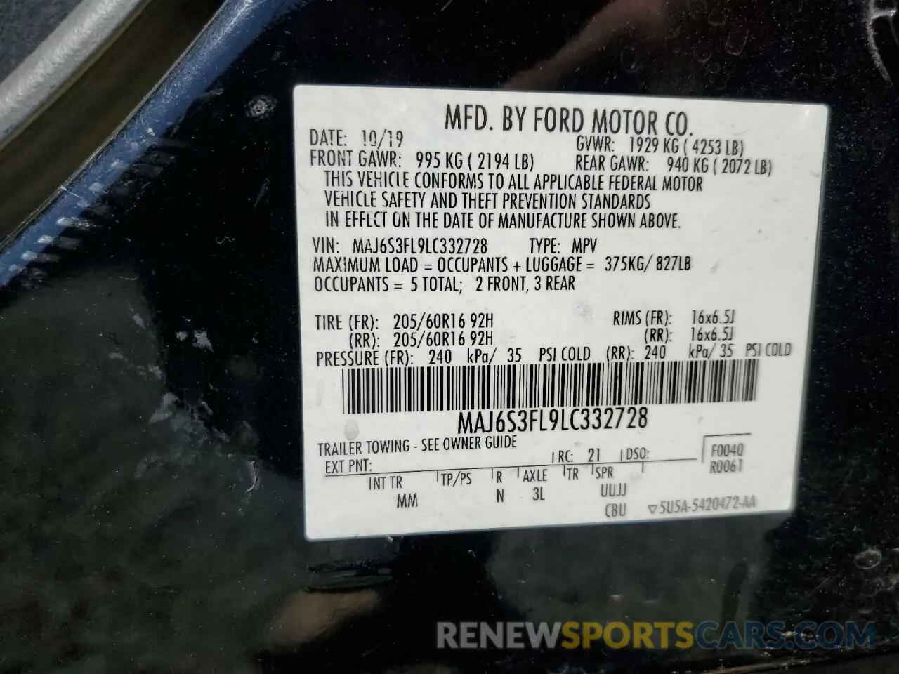 13 fotografías del automóvil dañado MAJ6S3FL9LC332728 FORD ECOSPORT 2020