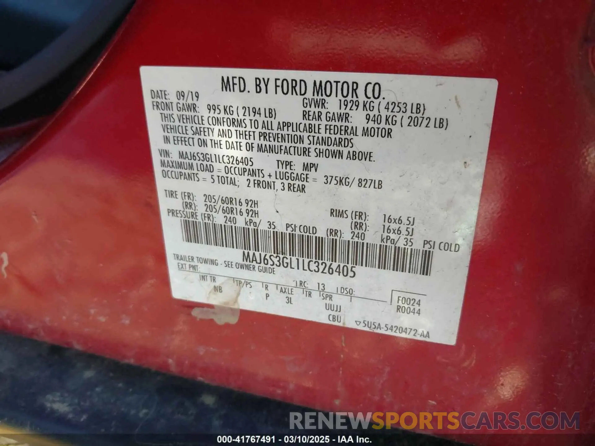 9 fotografías del automóvil dañado MAJ6S3GL1LC326405 FORD ECOSPORT 2020