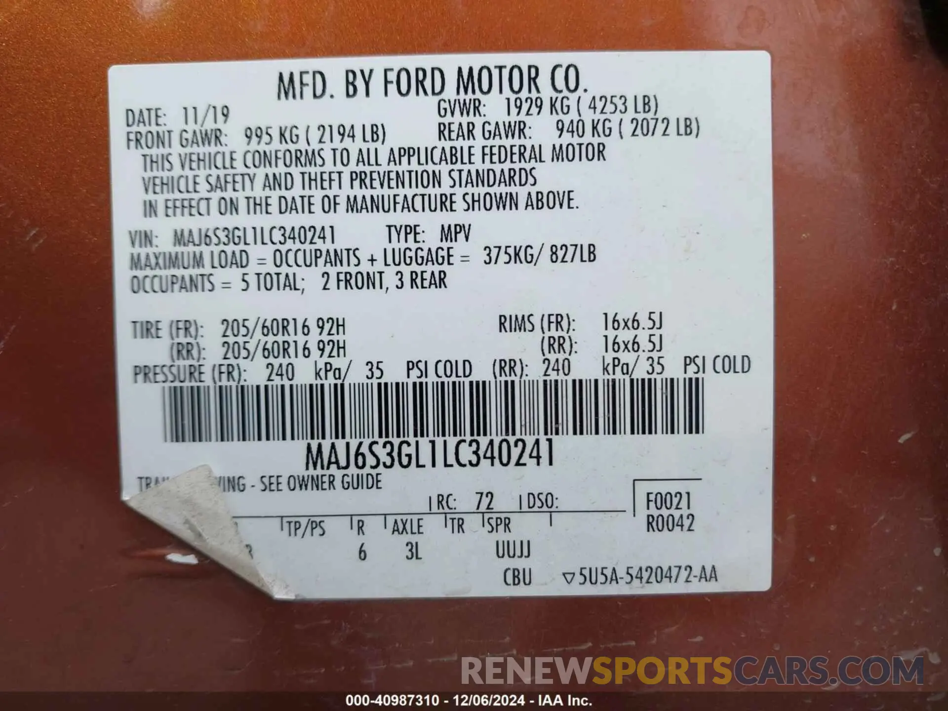 9 fotografías del automóvil dañado MAJ6S3GL1LC340241 FORD ECOSPORT 2020