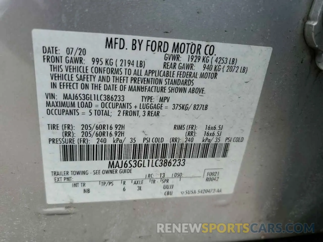 13 fotografías del automóvil dañado MAJ6S3GL1LC386233 FORD ECOSPORT 2020