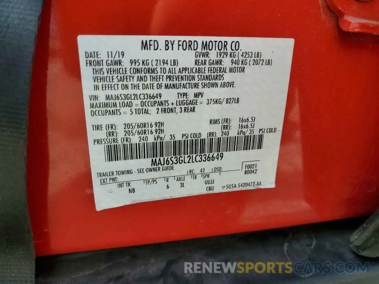 13 fotografías del automóvil dañado MAJ6S3GL2LC336649 FORD ECOSPORT 2020