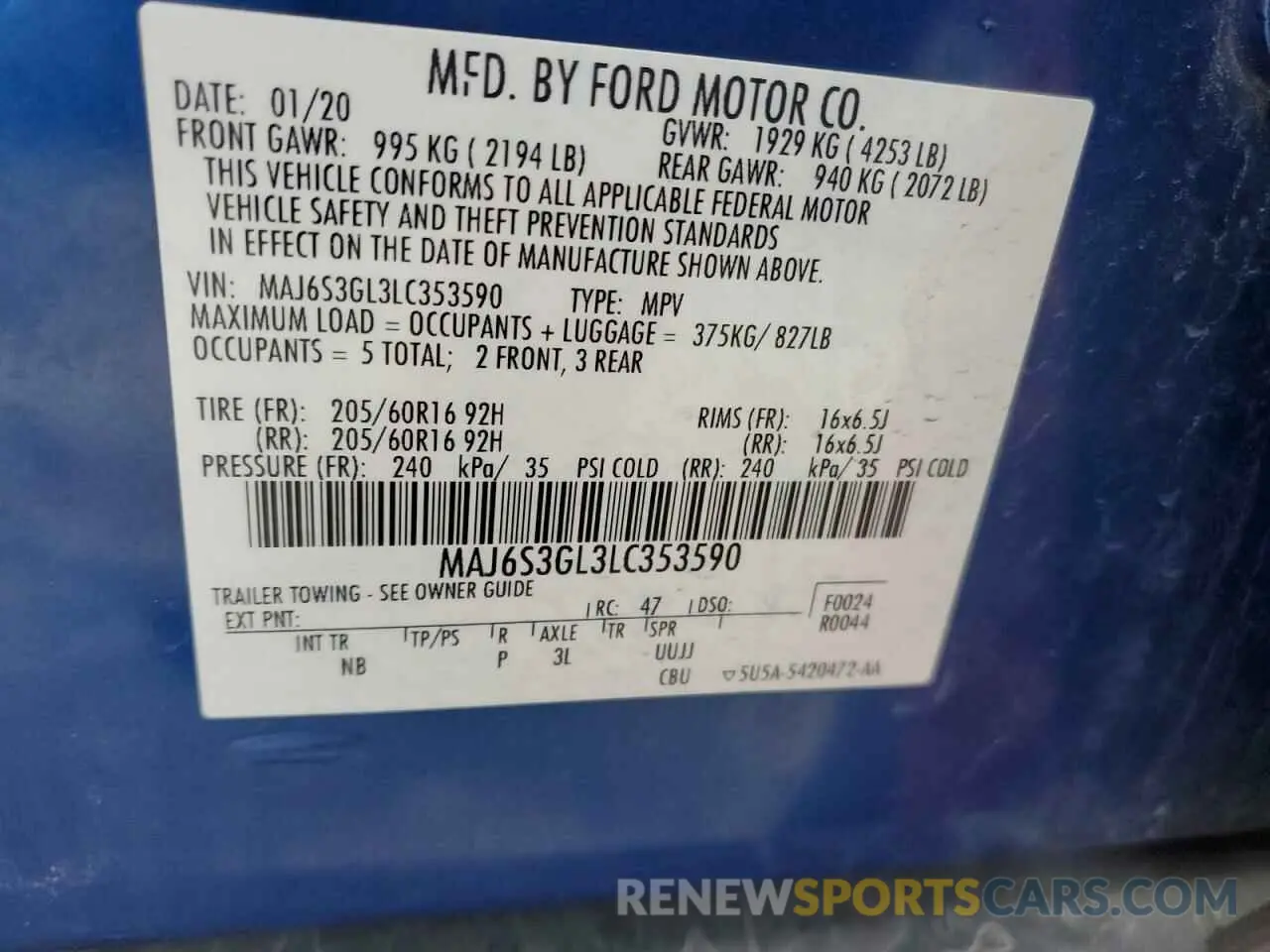 16 fotografías del automóvil dañado MAJ6S3GL3LC353590 FORD ECOSPORT 2020