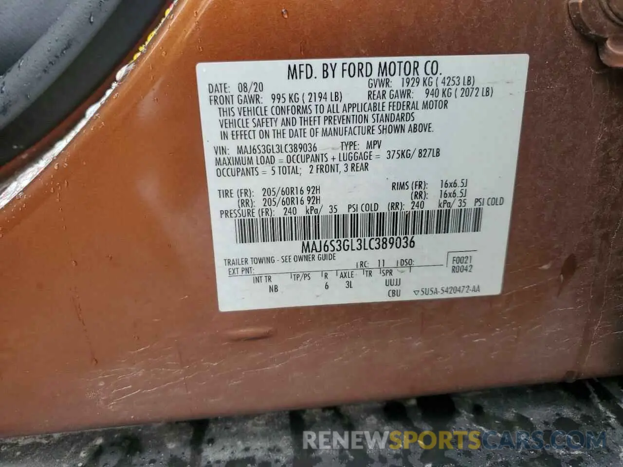 15 fotografías del automóvil dañado MAJ6S3GL3LC389036 FORD ECOSPORT 2020