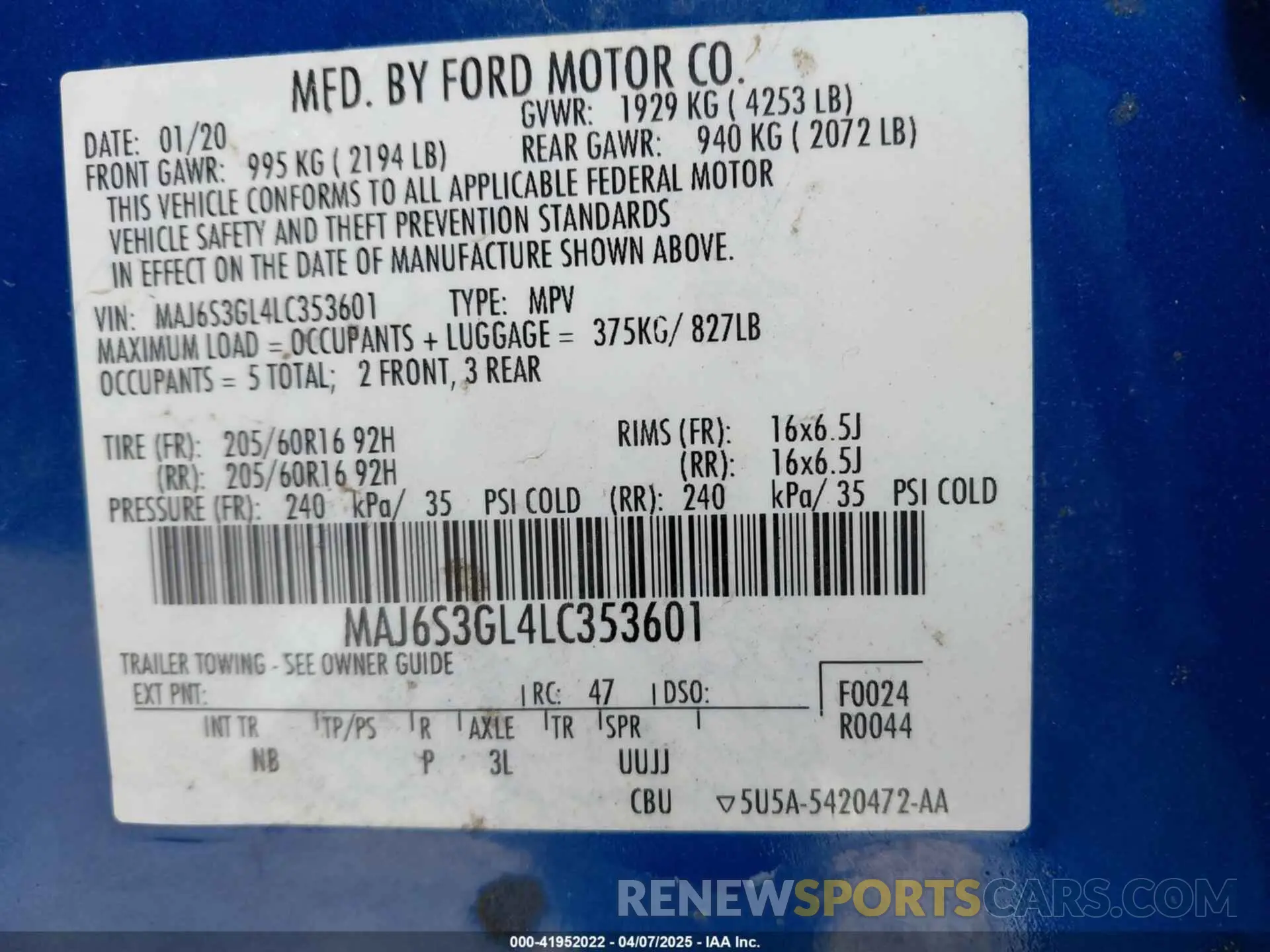 9 fotografías del automóvil dañado MAJ6S3GL4LC353601 FORD ECOSPORT 2020