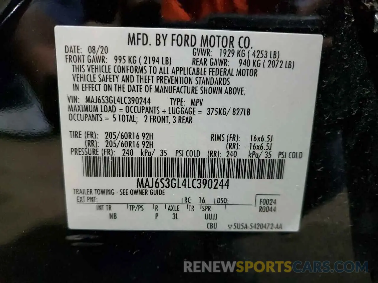 15 fotografías del automóvil dañado MAJ6S3GL4LC390244 FORD ECOSPORT 2020
