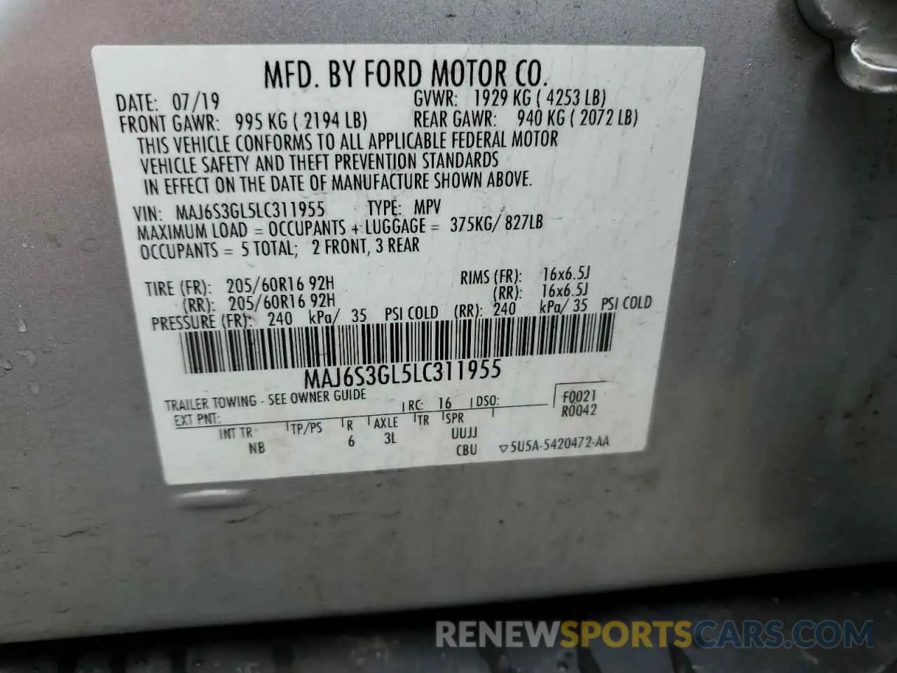 12 fotografías del automóvil dañado MAJ6S3GL5LC311955 FORD ECOSPORT 2020