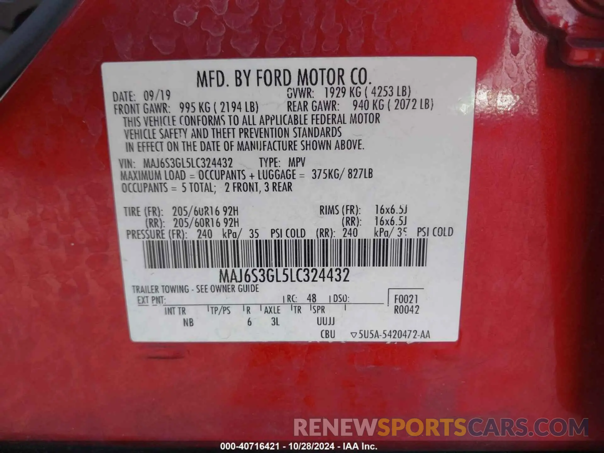 9 fotografías del automóvil dañado MAJ6S3GL5LC324432 FORD ECOSPORT 2020