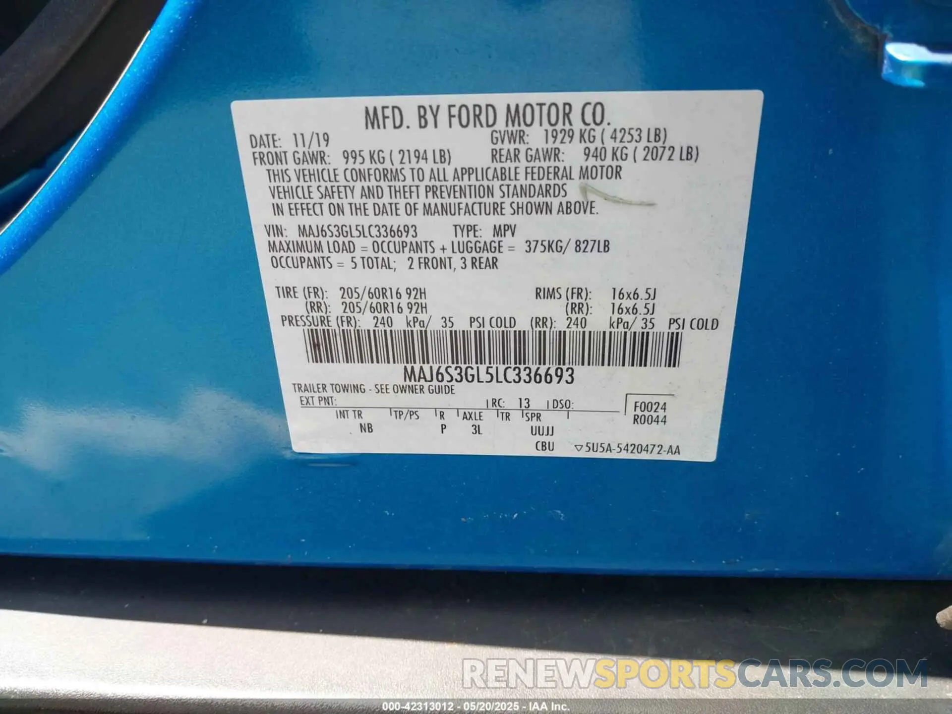 9 fotografías del automóvil dañado MAJ6S3GL5LC336693 FORD ECOSPORT 2020