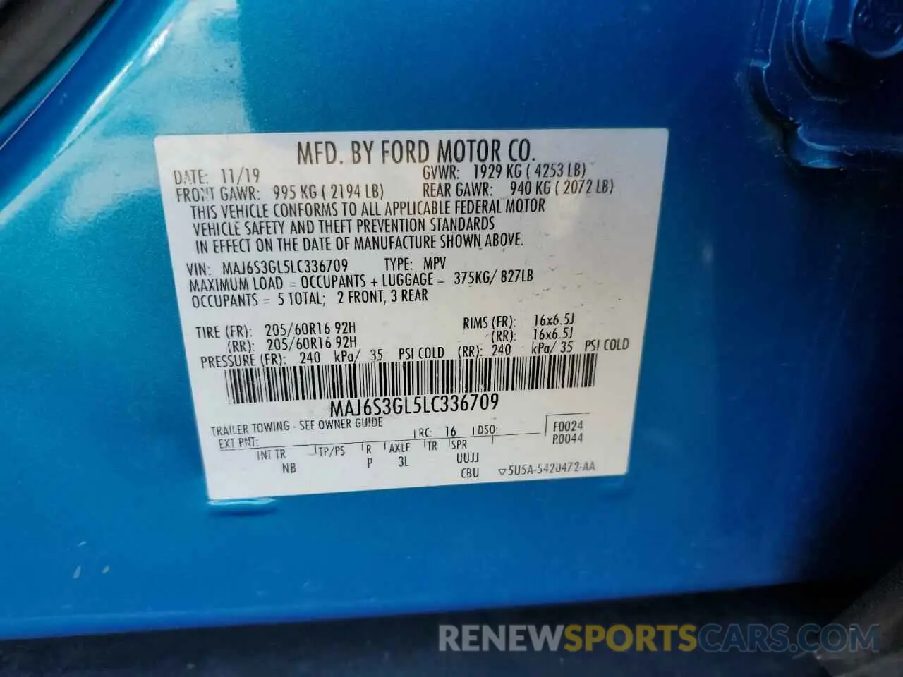 15 fotografías del automóvil dañado MAJ6S3GL5LC336709 FORD ECOSPORT 2020
