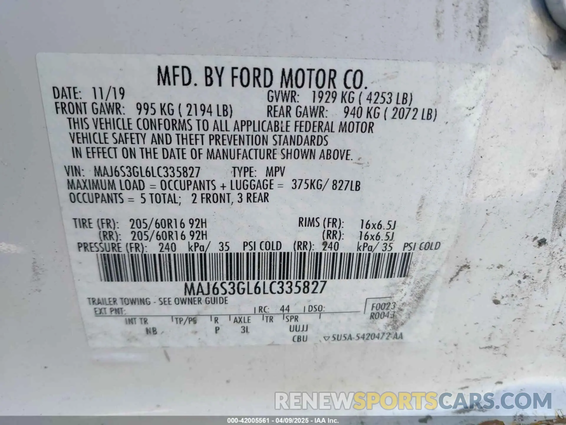 9 fotografías del automóvil dañado MAJ6S3GL6LC335827 FORD ECOSPORT 2020