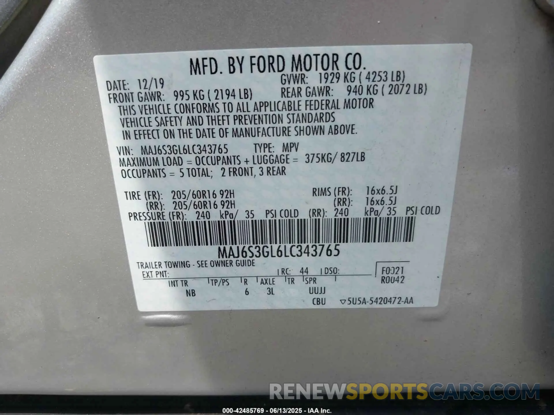 9 fotografías del automóvil dañado MAJ6S3GL6LC343765 FORD ECOSPORT 2020