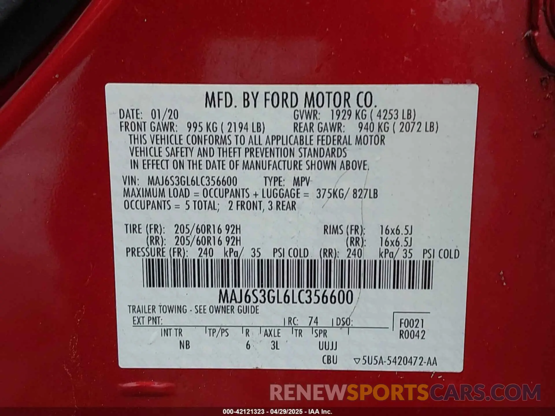 9 fotografías del automóvil dañado MAJ6S3GL6LC356600 FORD ECOSPORT 2020