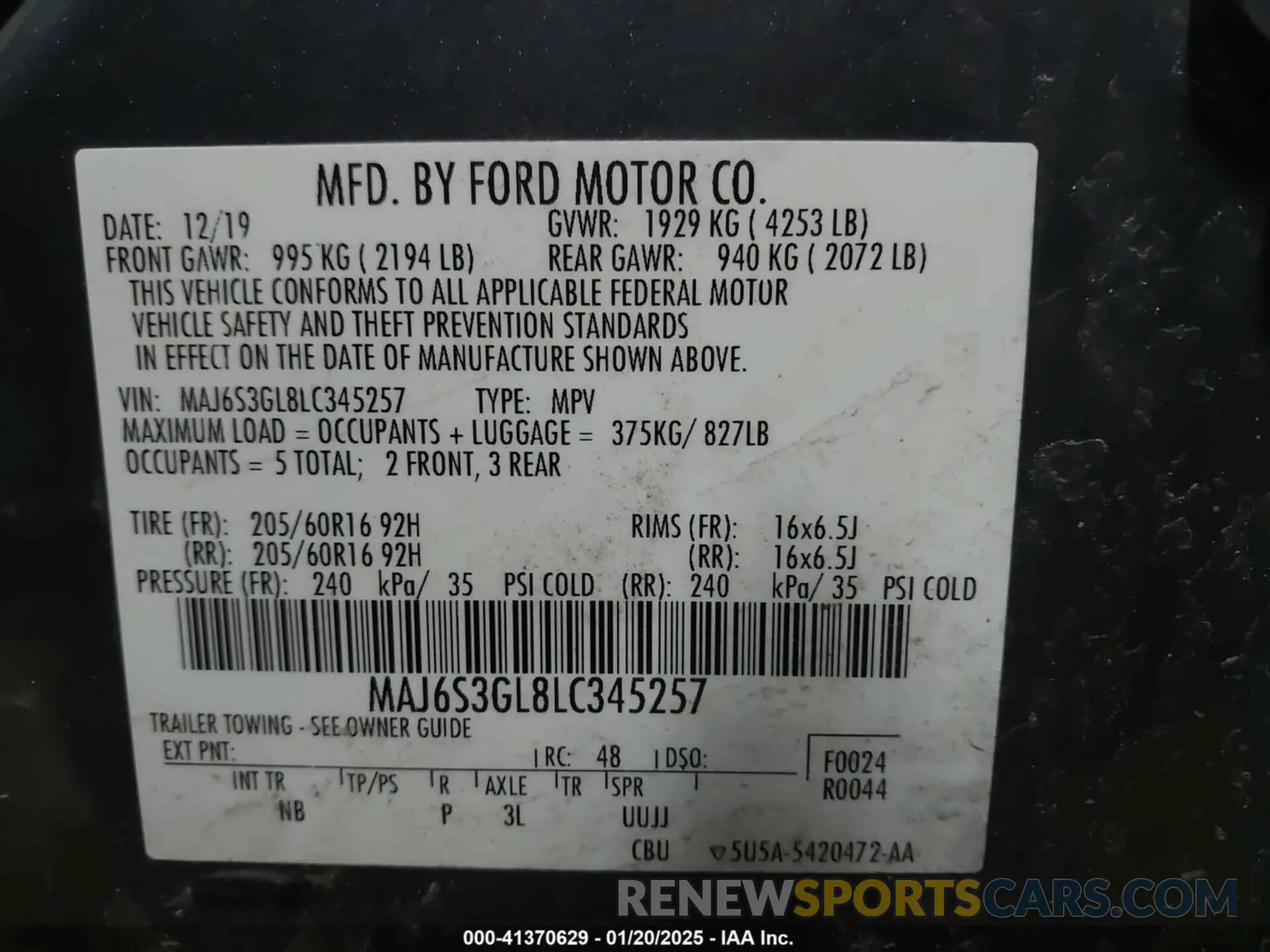 9 fotografías del automóvil dañado MAJ6S3GL8LC345257 FORD ECOSPORT 2020