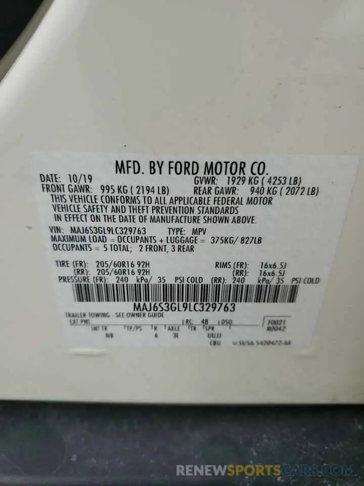 15 fotografías del automóvil dañado MAJ6S3GL9LC329763 FORD ECOSPORT 2020