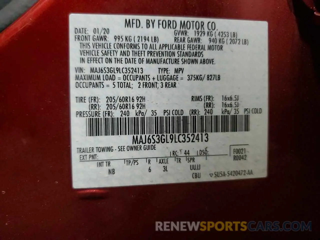 12 fotografías del automóvil dañado MAJ6S3GL9LC352413 FORD ECOSPORT 2020