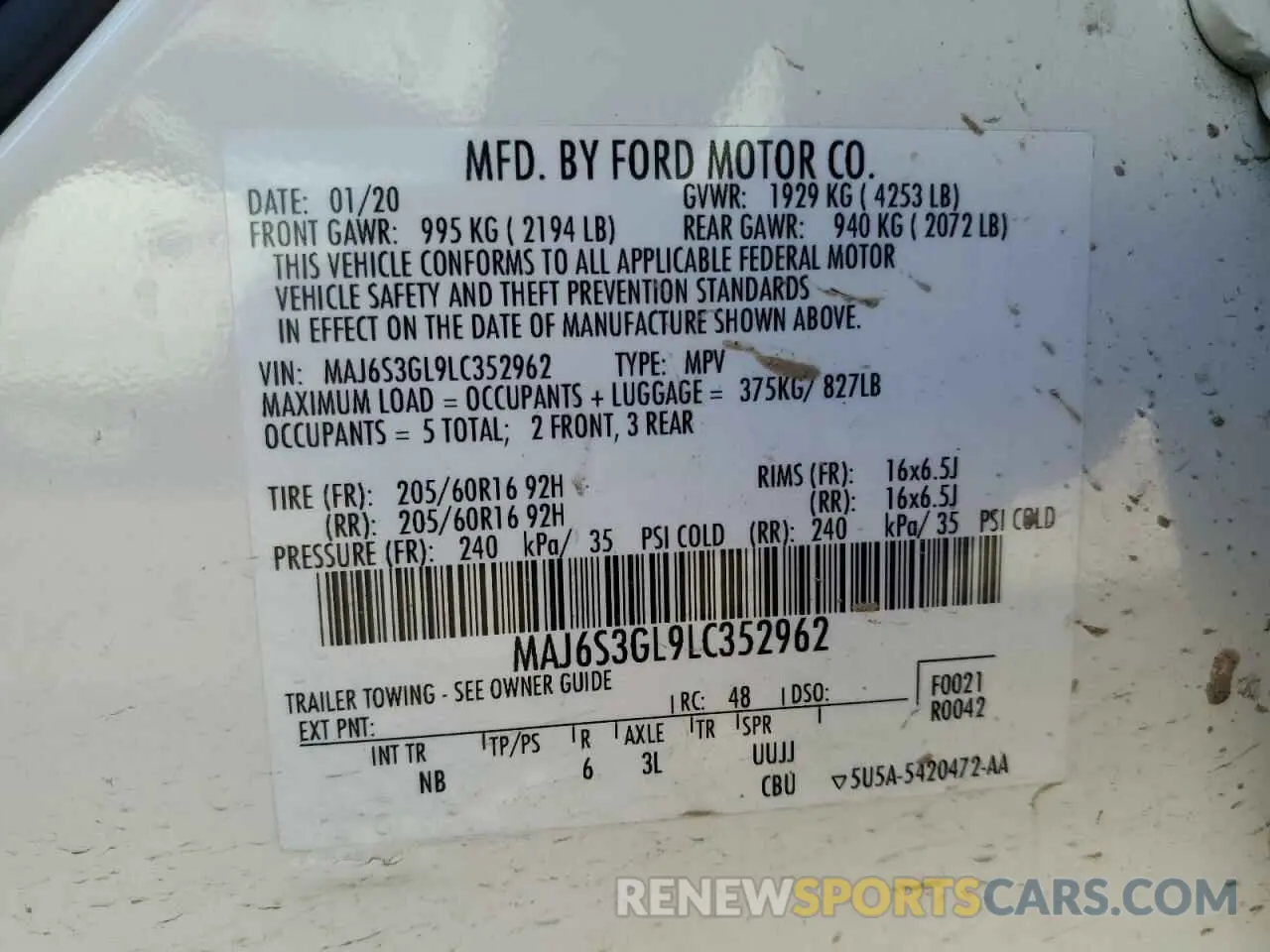 15 fotografías del automóvil dañado MAJ6S3GL9LC352962 FORD ECOSPORT 2020