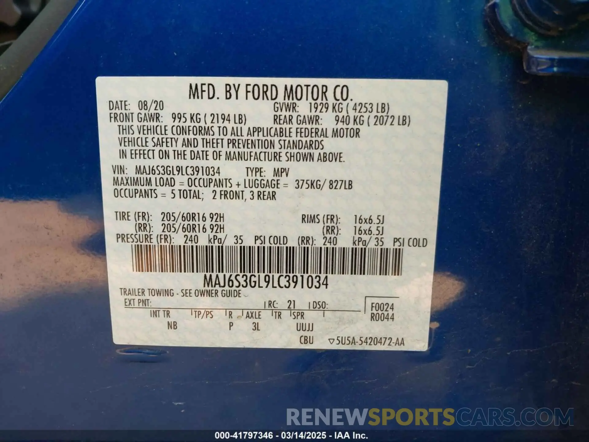 9 fotografías del automóvil dañado MAJ6S3GL9LC391034 FORD ECOSPORT 2020
