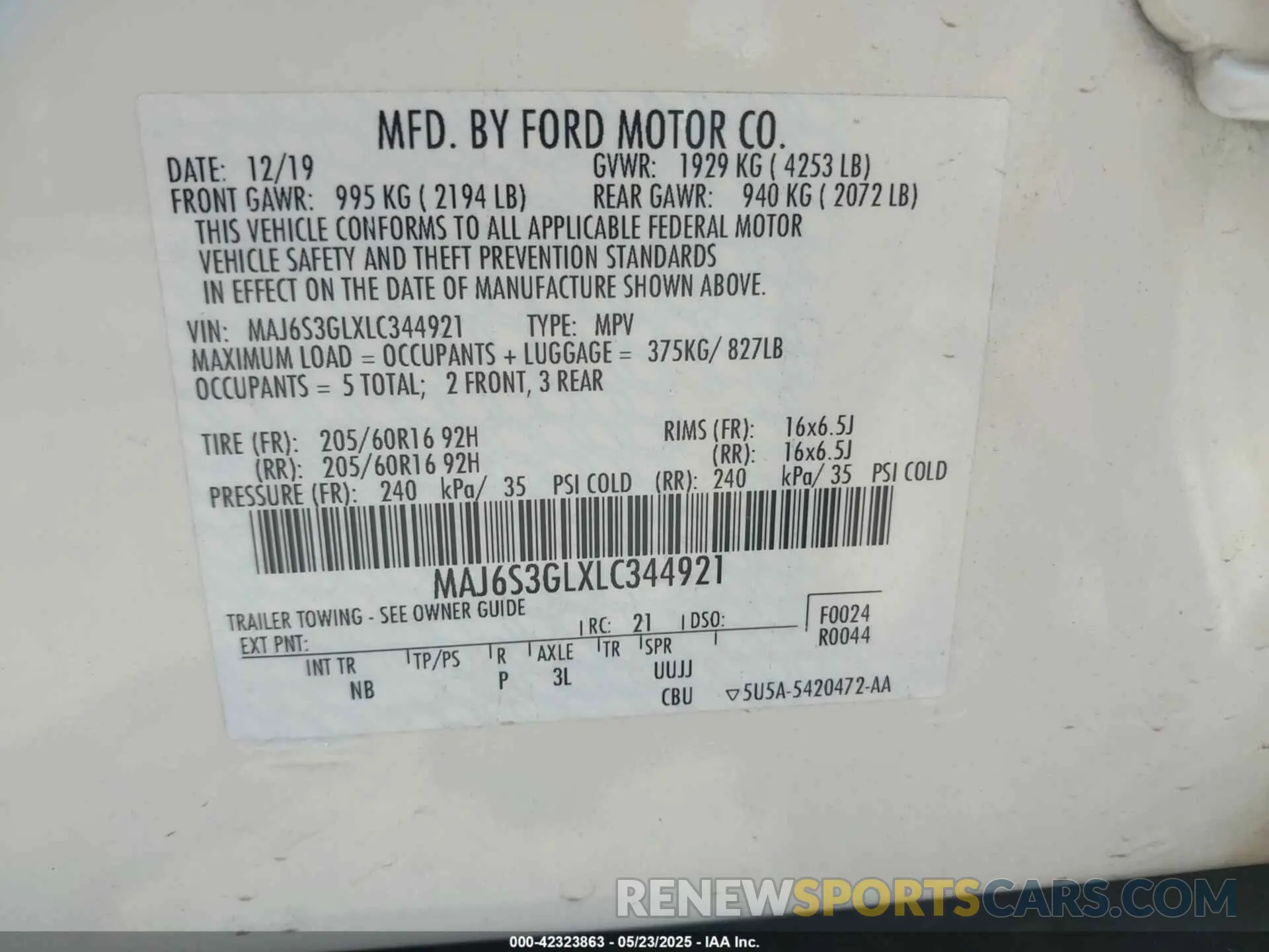 9 fotografías del automóvil dañado MAJ6S3GLXLC344921 FORD ECOSPORT 2020