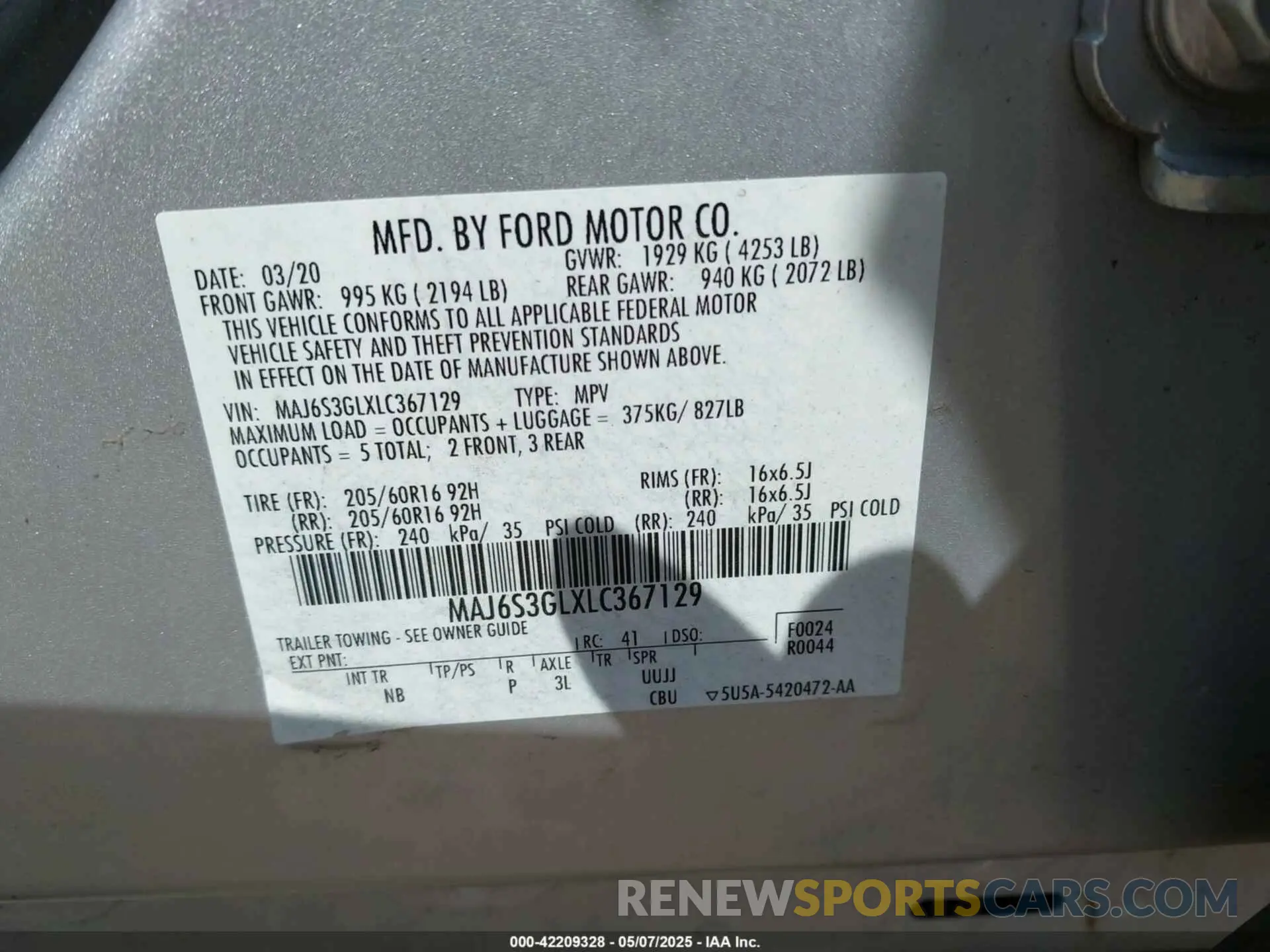 9 fotografías del automóvil dañado MAJ6S3GLXLC367129 FORD ECOSPORT 2020