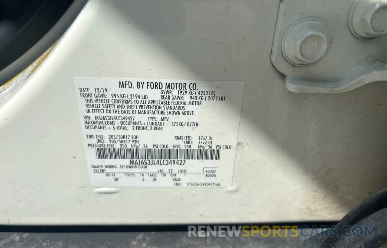 10 fotografías del automóvil dañado MAJ6S3JL4LC349427 FORD ECOSPORT 2020