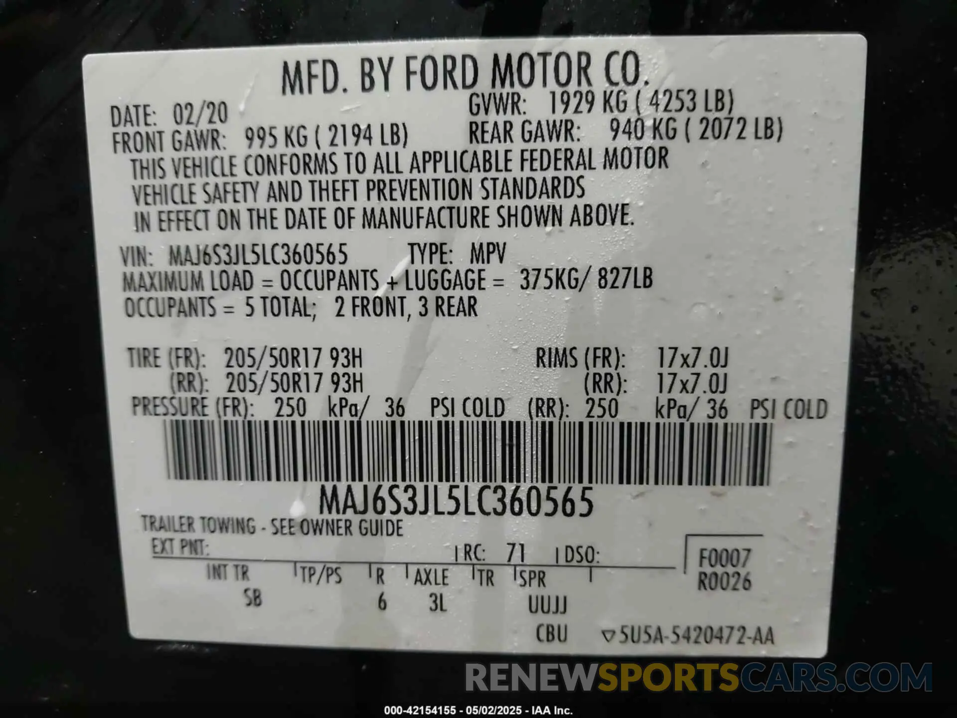 9 fotografías del automóvil dañado MAJ6S3JL5LC360565 FORD ECOSPORT 2020