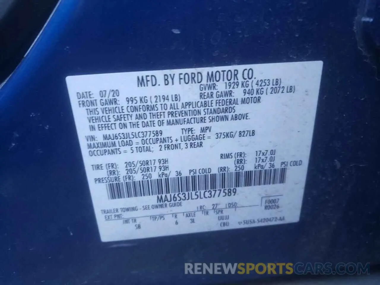 13 fotografías del automóvil dañado MAJ6S3JL5LC377589 FORD ECOSPORT 2020