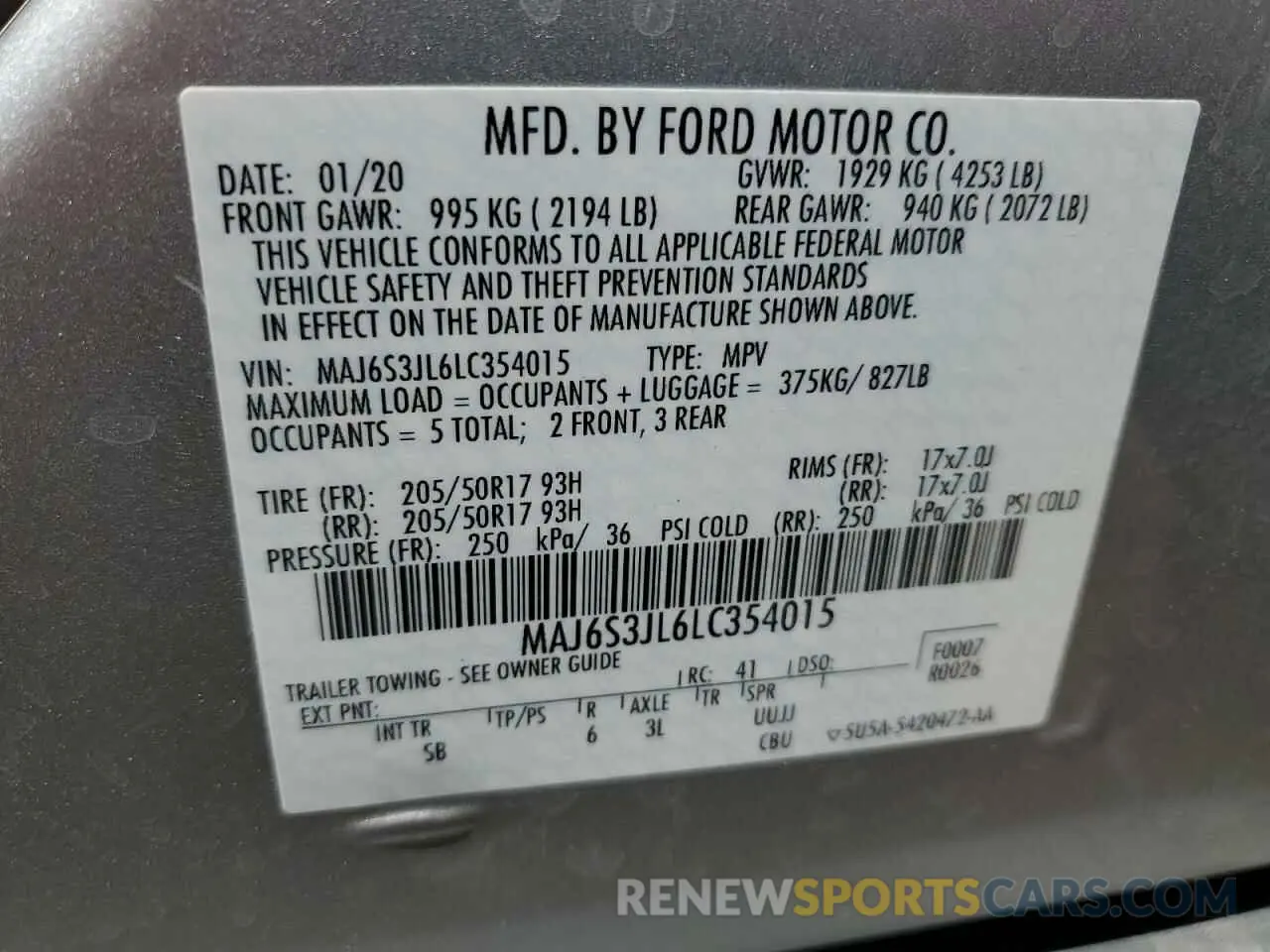 12 fotografías del automóvil dañado MAJ6S3JL6LC354015 FORD ECOSPORT 2020