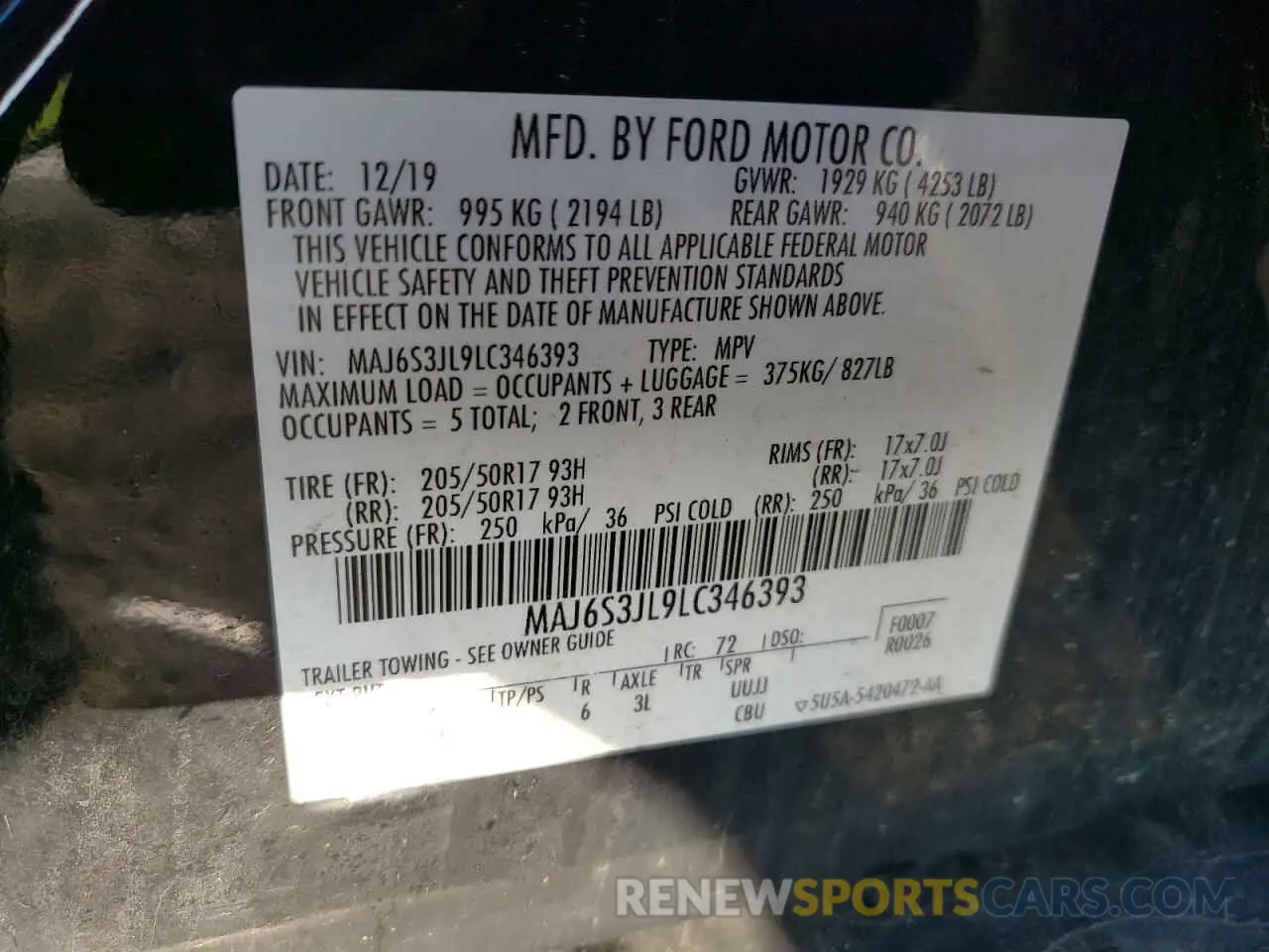 15 fotografías del automóvil dañado MAJ6S3JL9LC346393 FORD ECOSPORT 2020