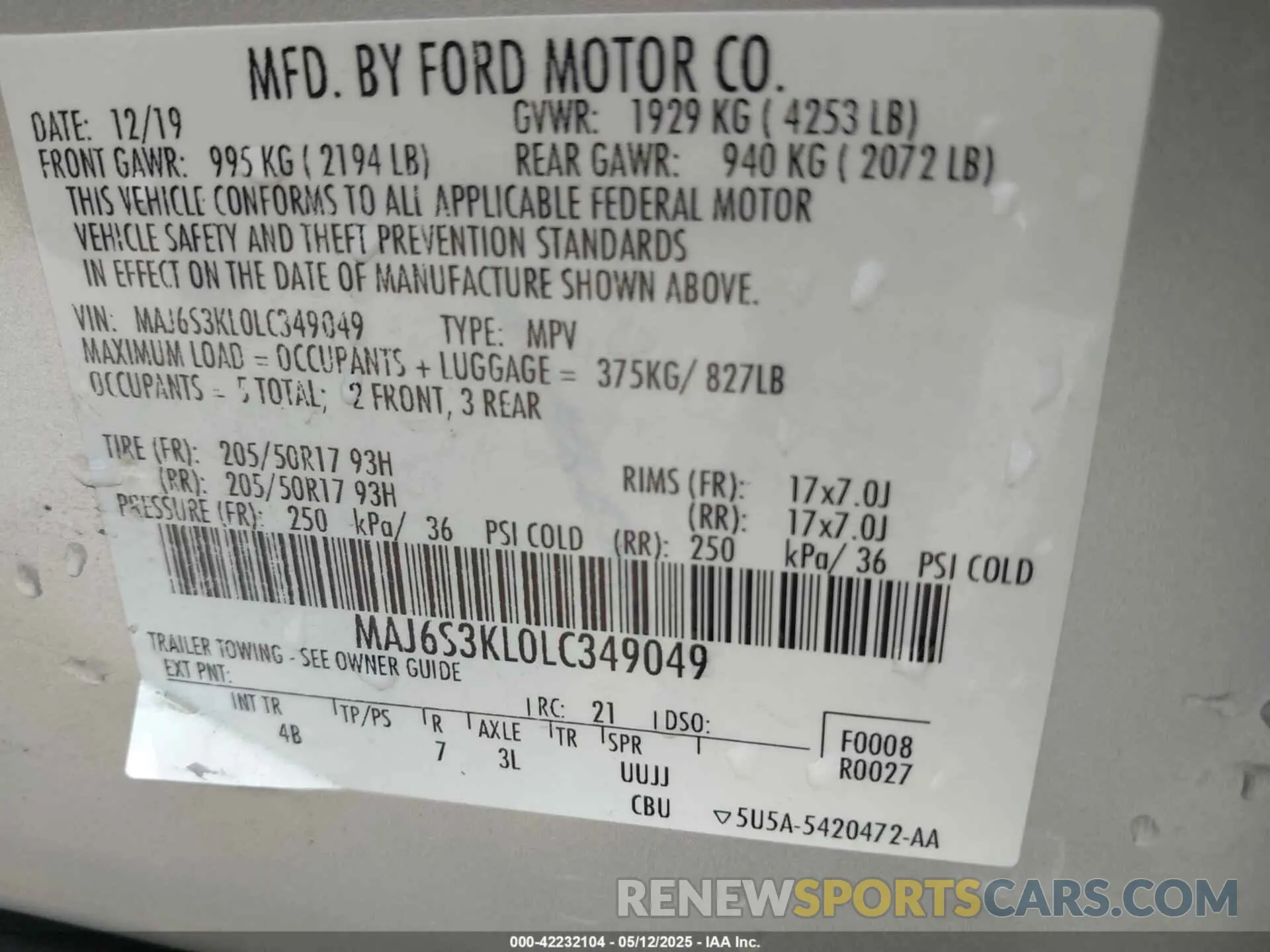 9 fotografías del automóvil dañado MAJ6S3KL0LC349049 FORD ECOSPORT 2020