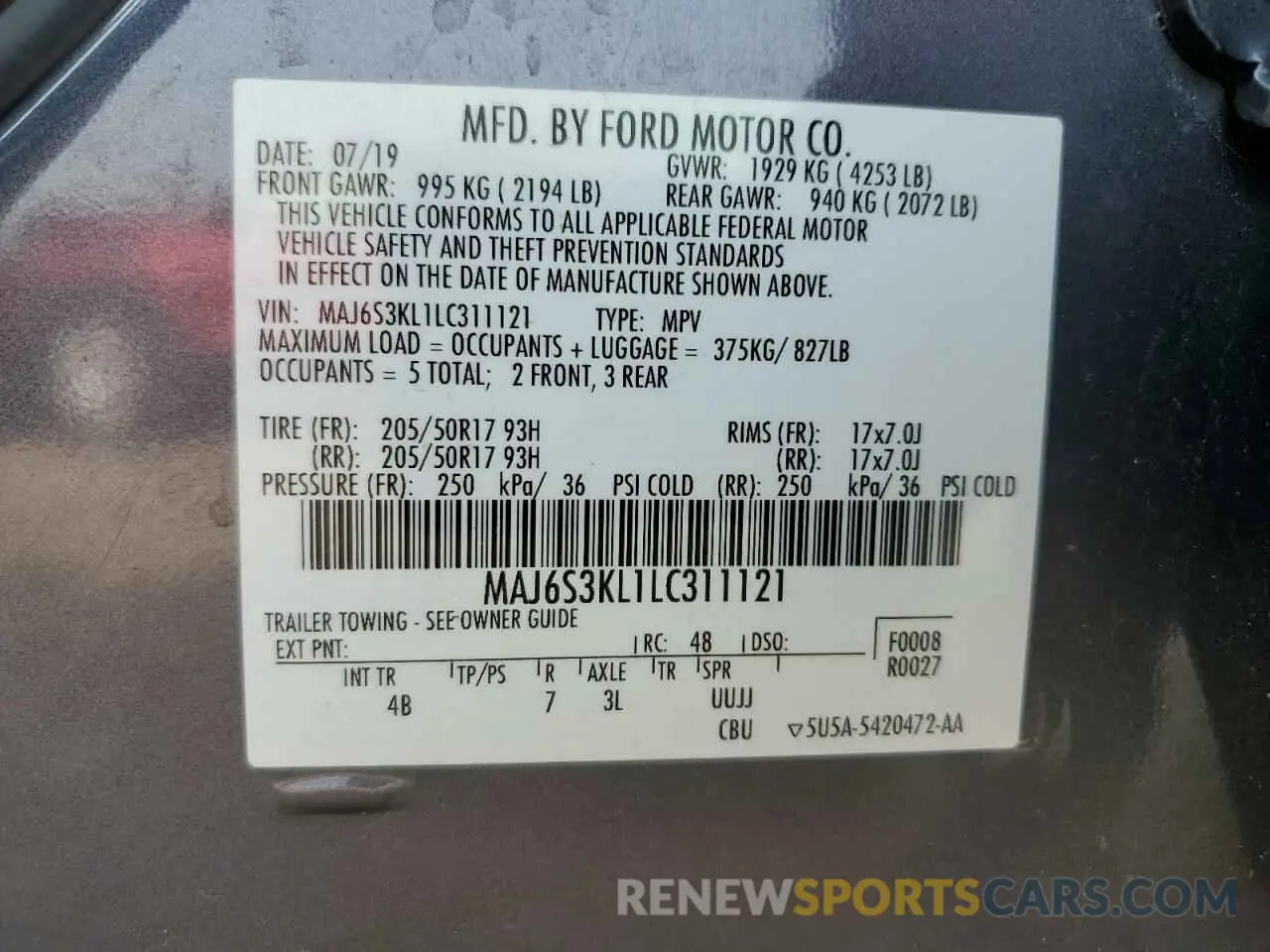 13 fotografías del automóvil dañado MAJ6S3KL1LC311121 FORD ECOSPORT 2020