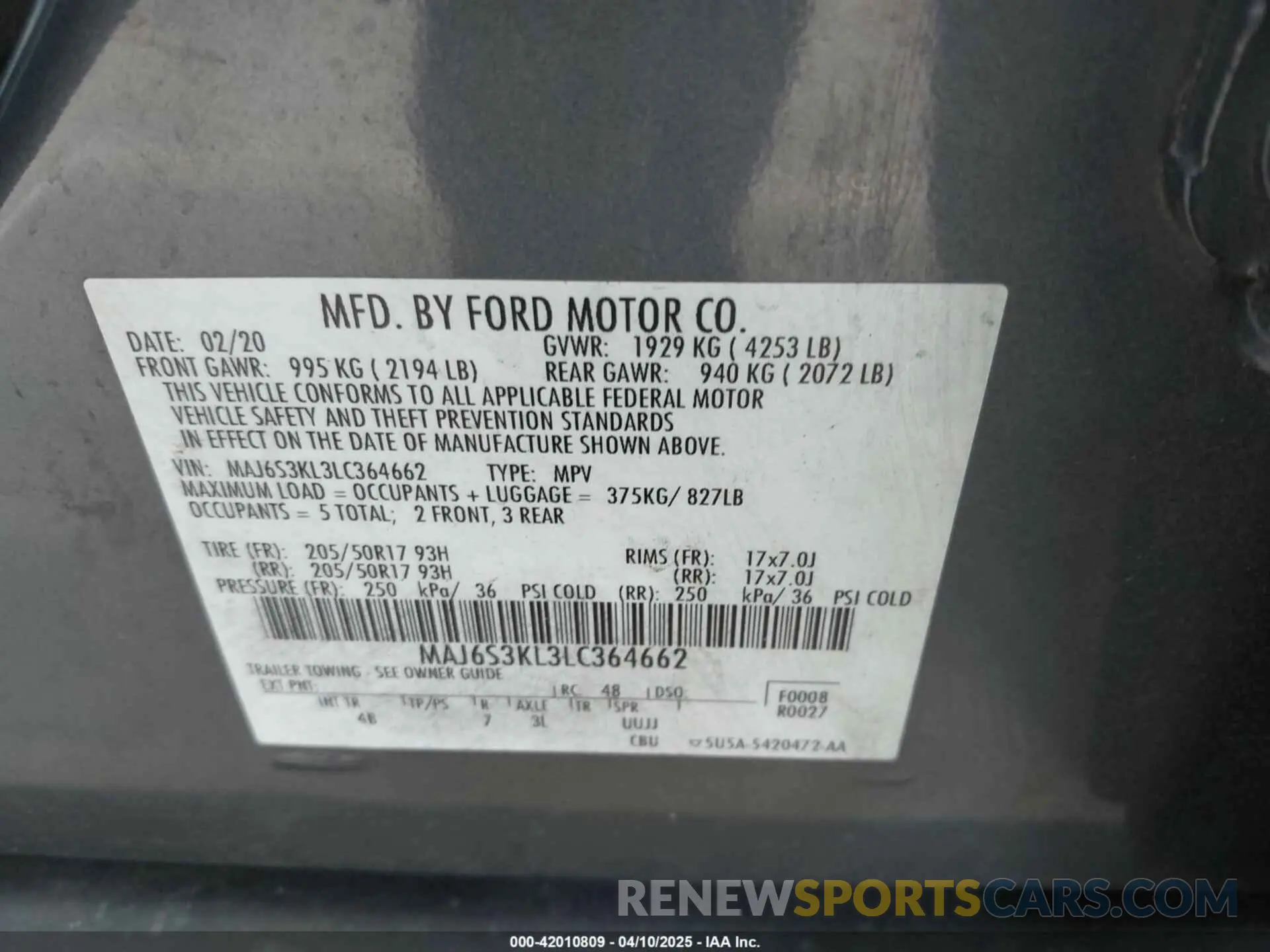 9 fotografías del automóvil dañado MAJ6S3KL3LC364662 FORD ECOSPORT 2020