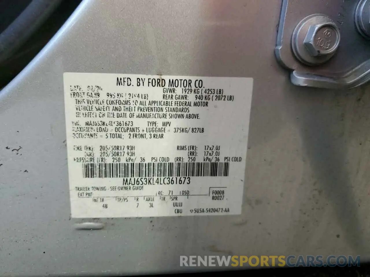 15 fotografías del automóvil dañado MAJ6S3KL4LC361673 FORD ECOSPORT 2020