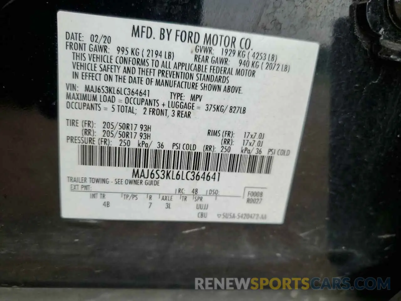 12 fotografías del automóvil dañado MAJ6S3KL6LC364641 FORD ECOSPORT 2020