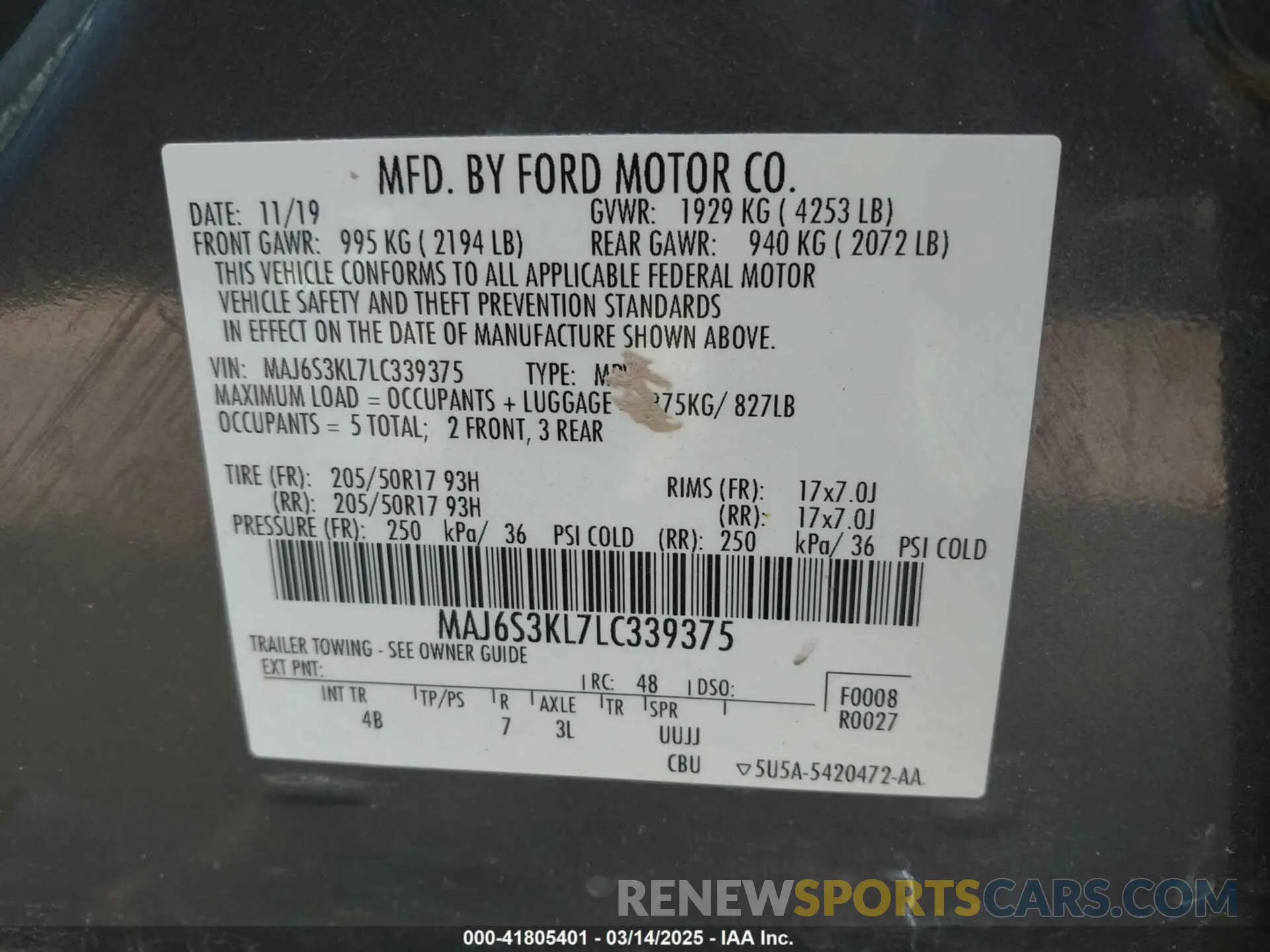 9 fotografías del automóvil dañado MAJ6S3KL7LC339375 FORD ECOSPORT 2020