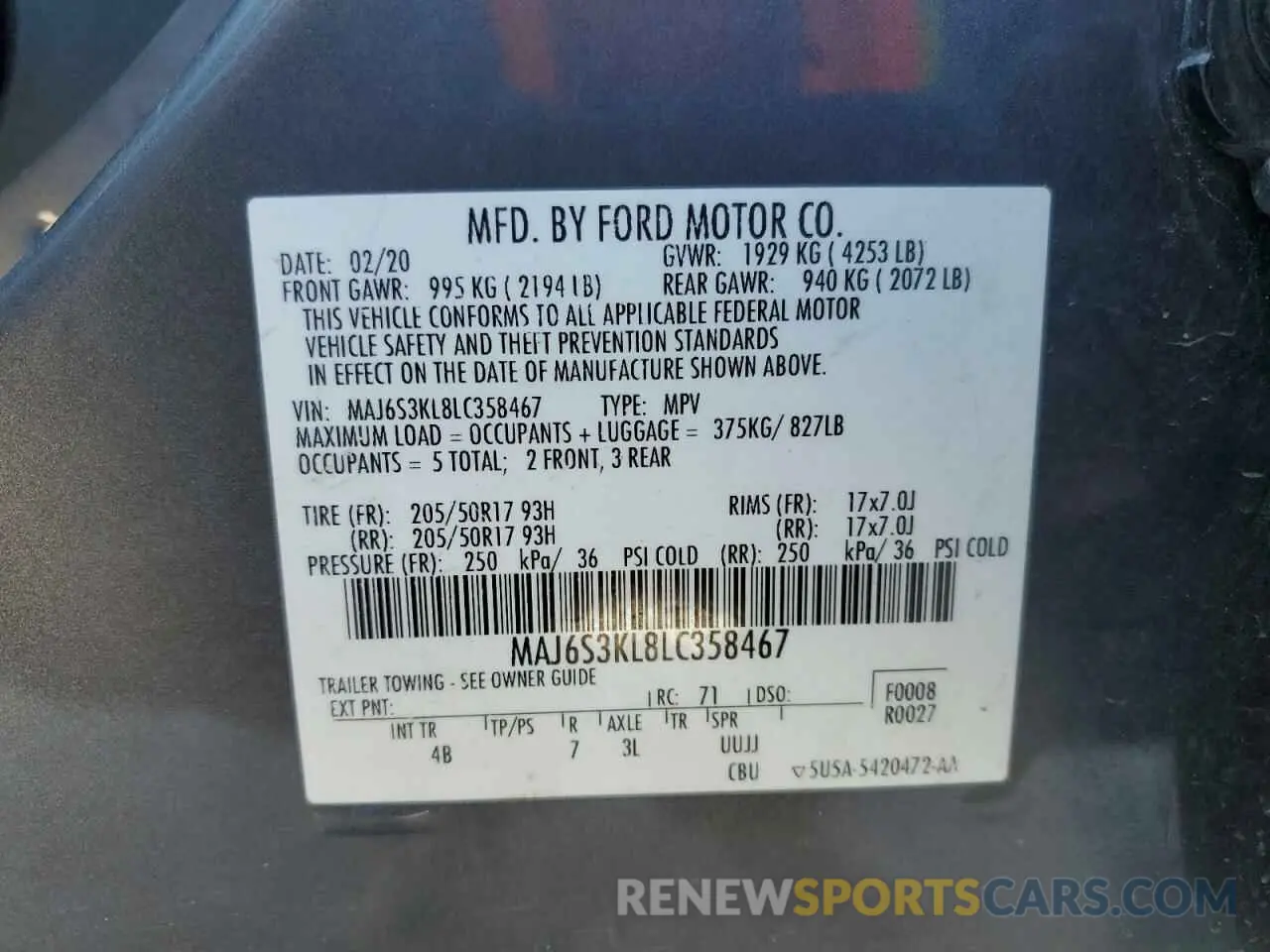 16 fotografías del automóvil dañado MAJ6S3KL8LC358467 FORD ECOSPORT 2020