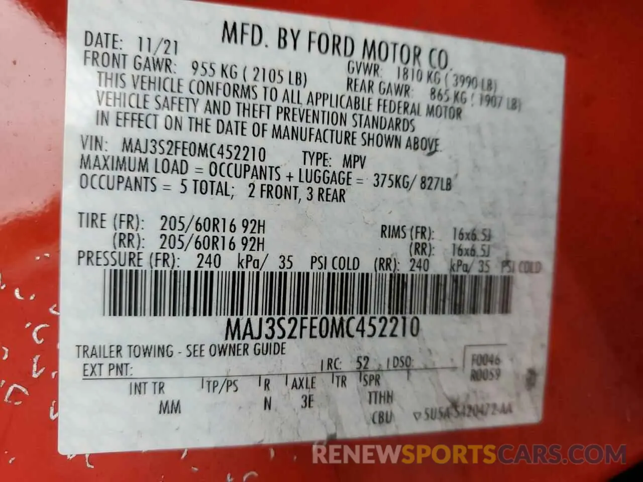 12 fotografías del automóvil dañado MAJ3S2FE0MC452210 FORD ECOSPORT 2021