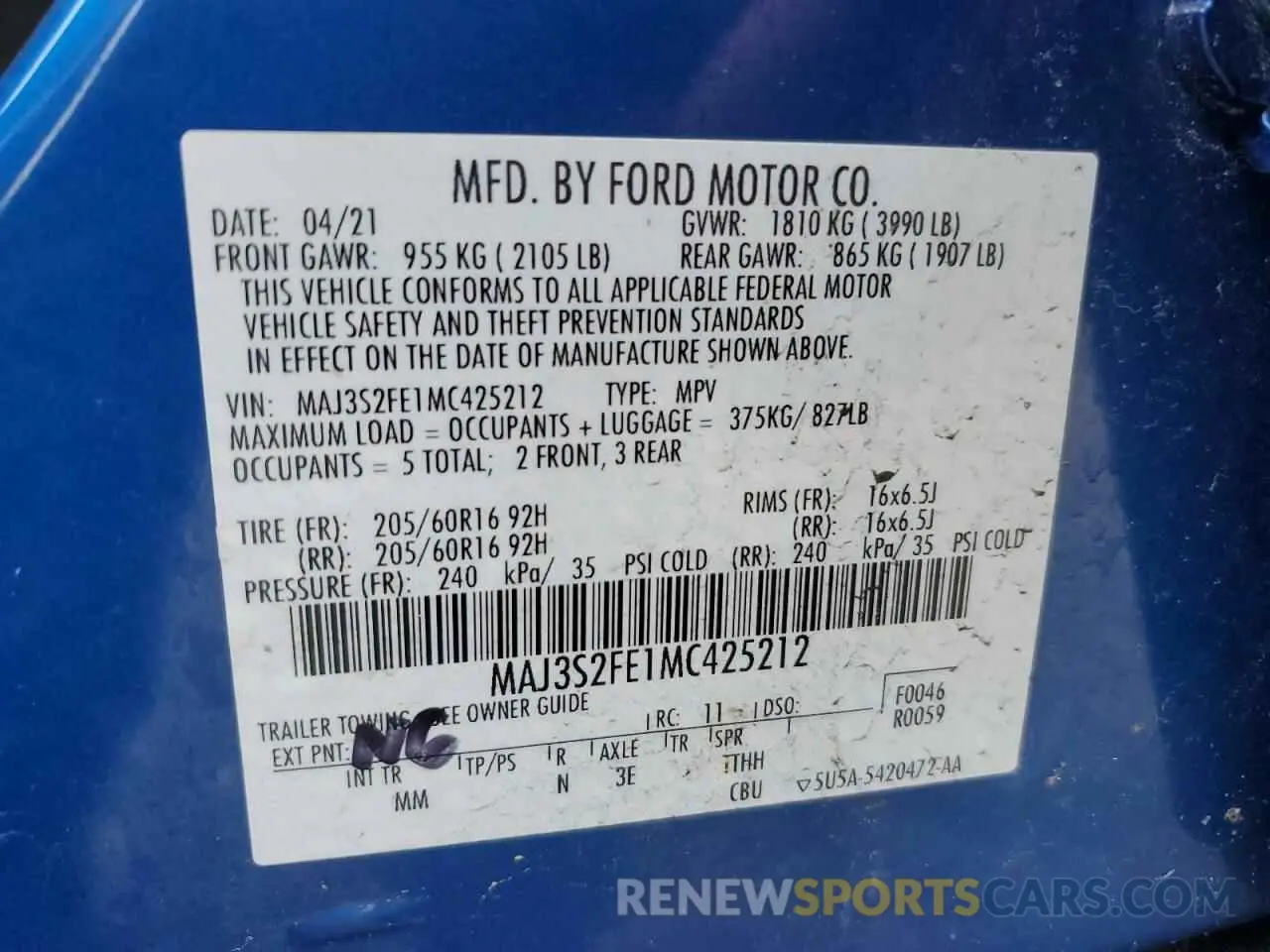 12 fotografías del automóvil dañado MAJ3S2FE1MC425212 FORD ECOSPORT 2021