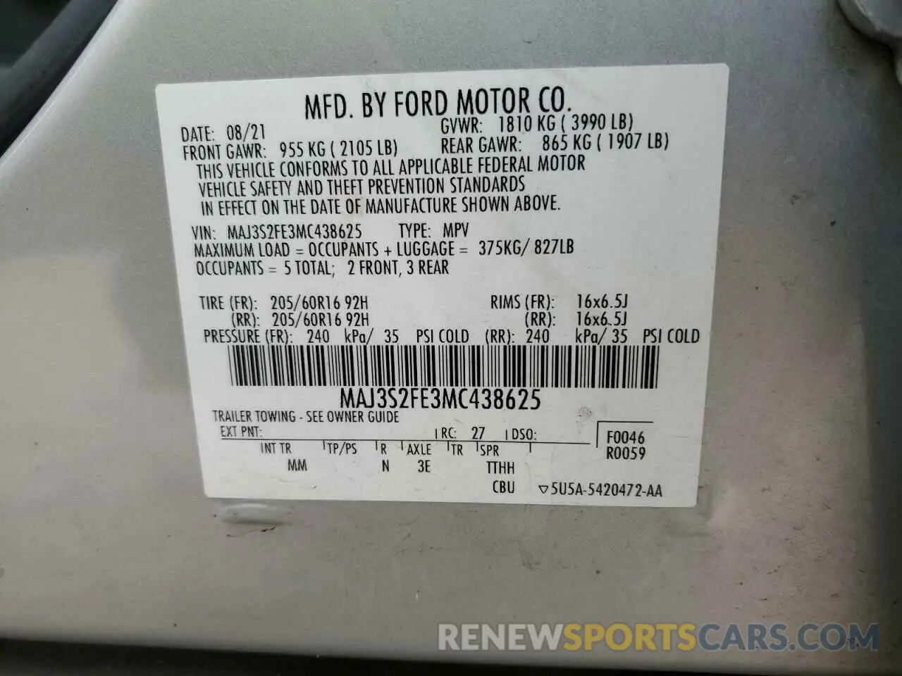 13 fotografías del automóvil dañado MAJ3S2FE3MC438625 FORD ECOSPORT 2021