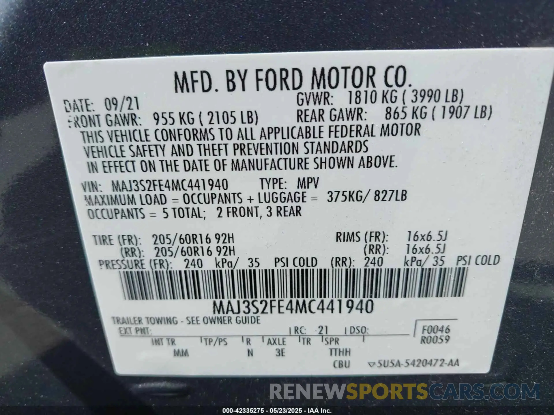 9 fotografías del automóvil dañado MAJ3S2FE4MC441940 FORD ECOSPORT 2021