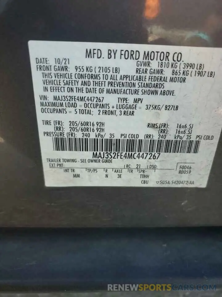 13 fotografías del automóvil dañado MAJ3S2FE4MC447267 FORD ECOSPORT 2021