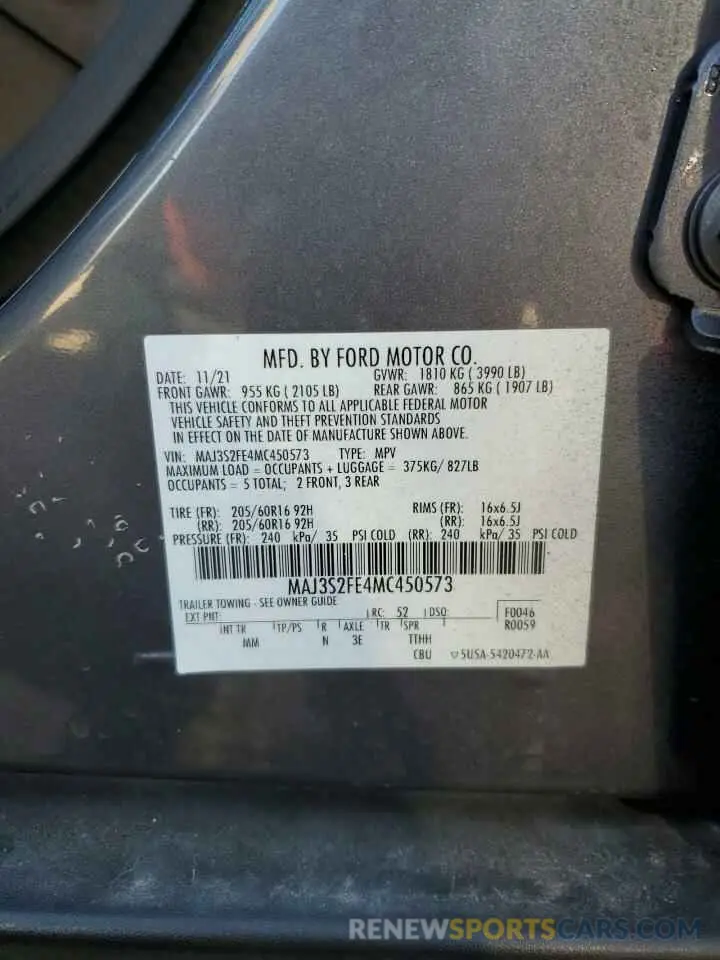 13 fotografías del automóvil dañado MAJ3S2FE4MC450573 FORD ECOSPORT 2021