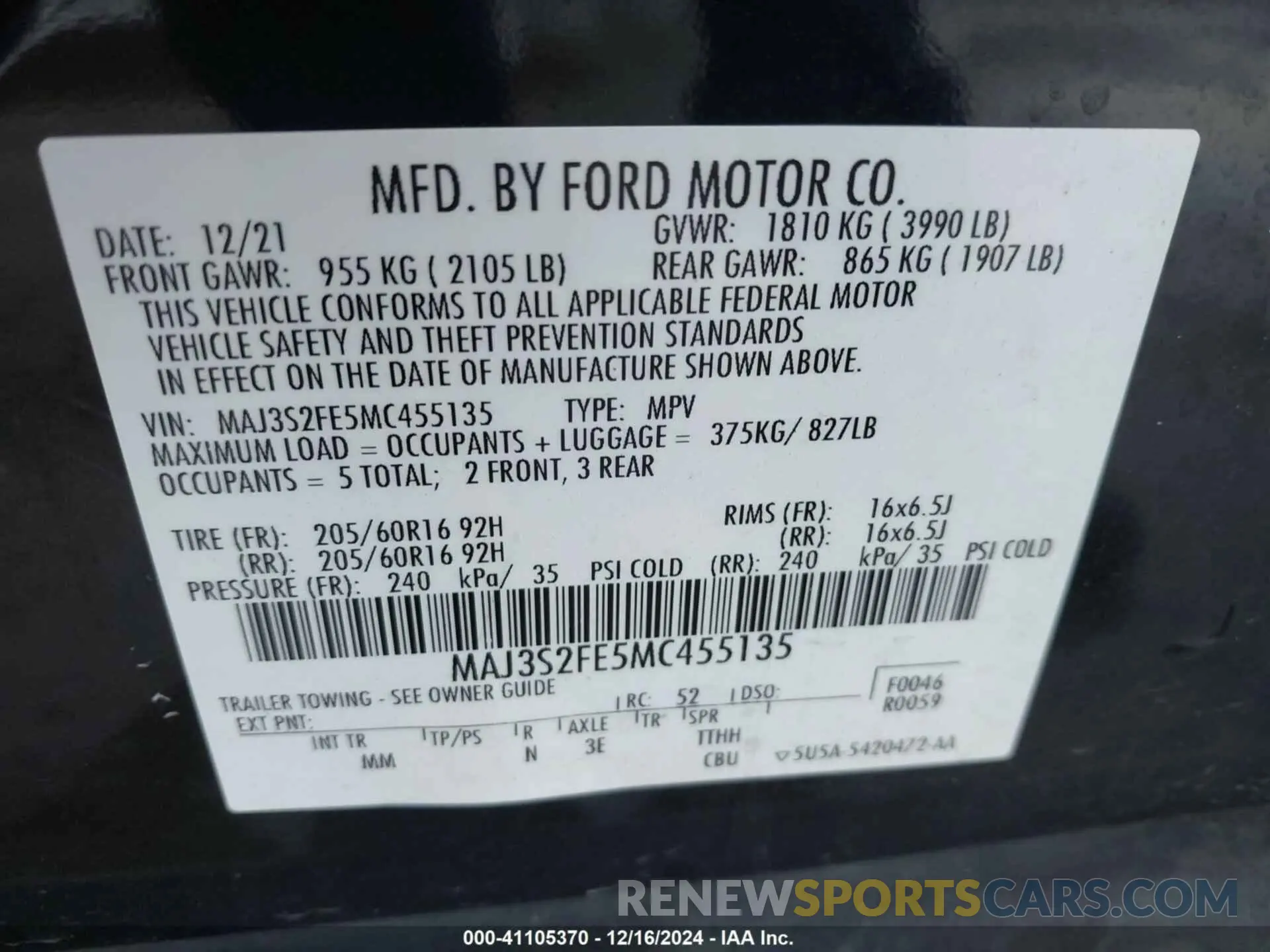 9 fotografías del automóvil dañado MAJ3S2FE5MC455135 FORD ECOSPORT 2021