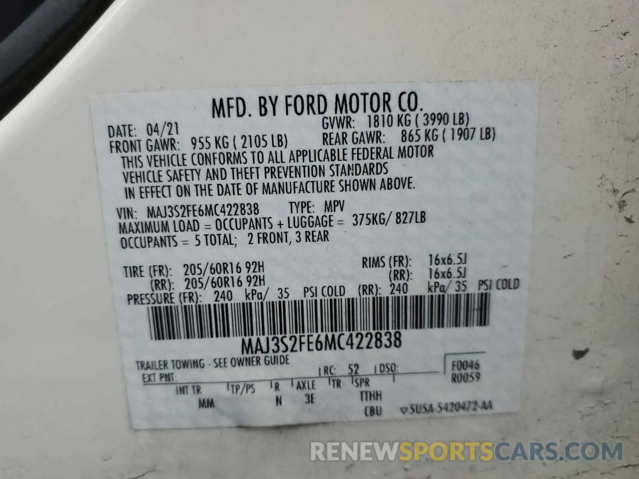 15 fotografías del automóvil dañado MAJ3S2FE6MC422838 FORD ECOSPORT 2021