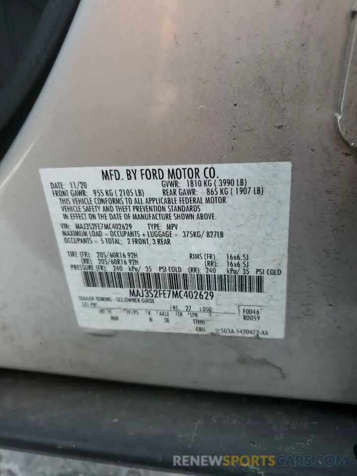 13 fotografías del automóvil dañado MAJ3S2FE7MC402629 FORD ECOSPORT 2021