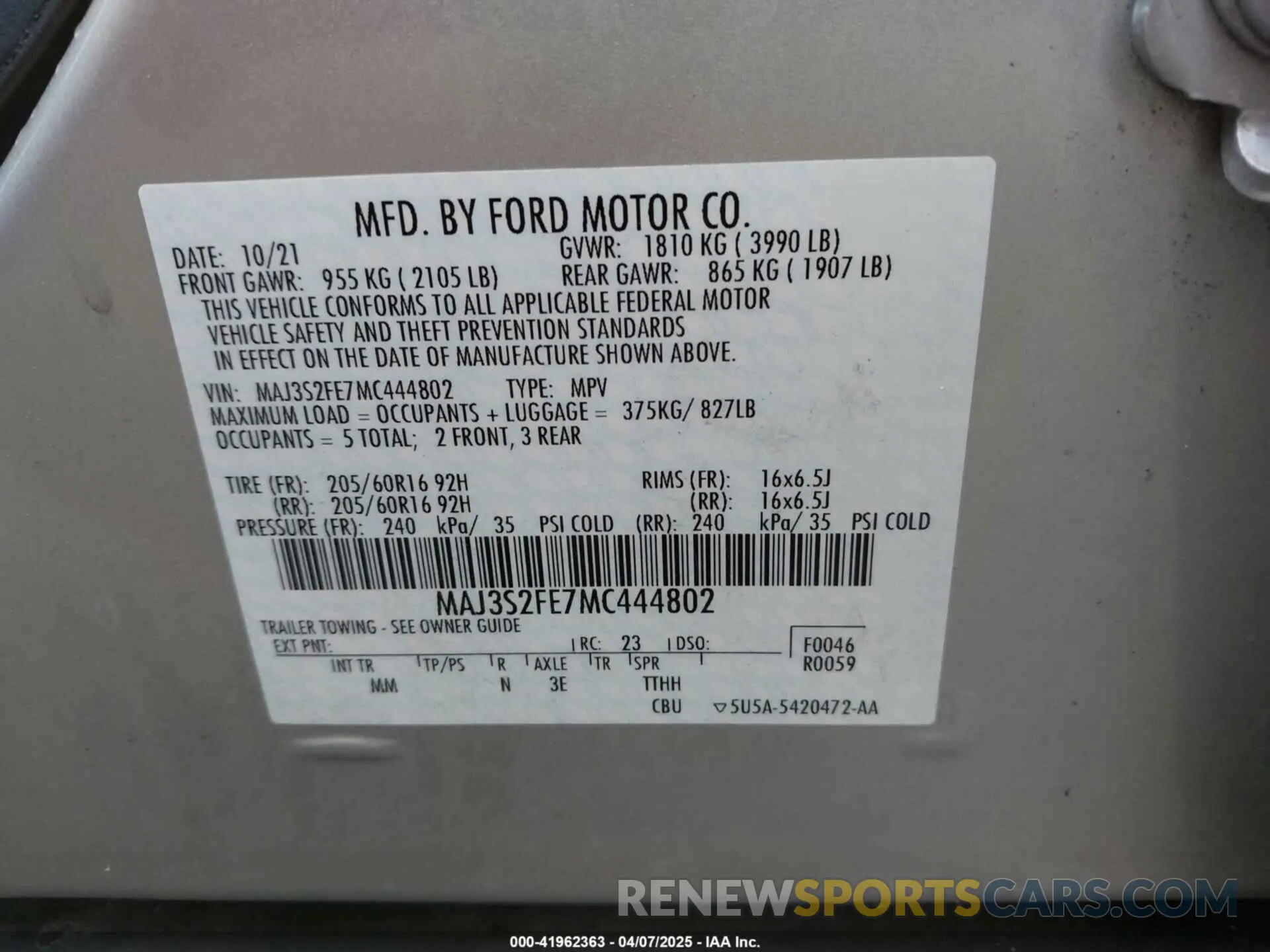 9 fotografías del automóvil dañado MAJ3S2FE7MC444802 FORD ECOSPORT 2021