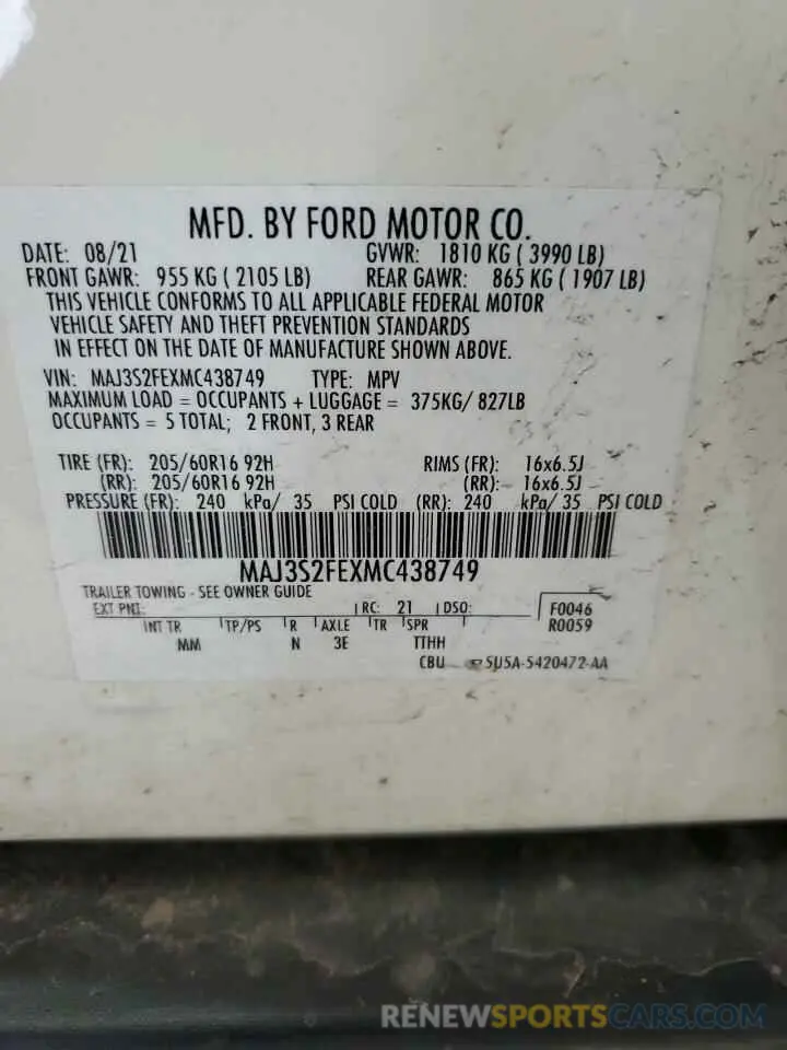 12 fotografías del automóvil dañado MAJ3S2FEXMC438749 FORD ECOSPORT 2021