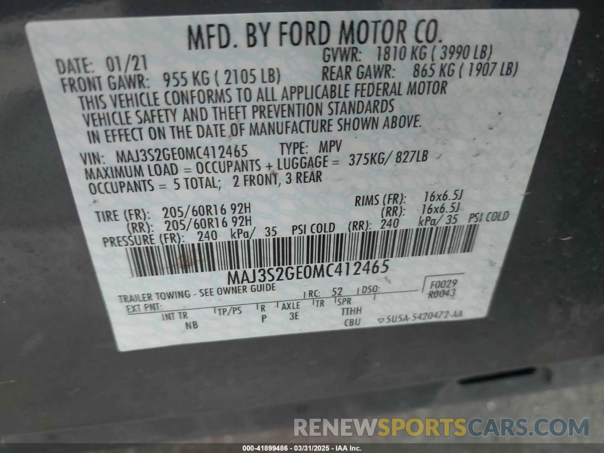 9 fotografías del automóvil dañado MAJ3S2GE0MC412465 FORD ECOSPORT 2021