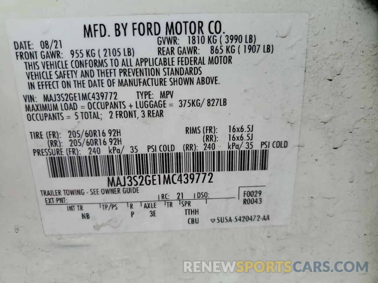 12 fotografías del automóvil dañado MAJ3S2GE1MC439772 FORD ECOSPORT 2021