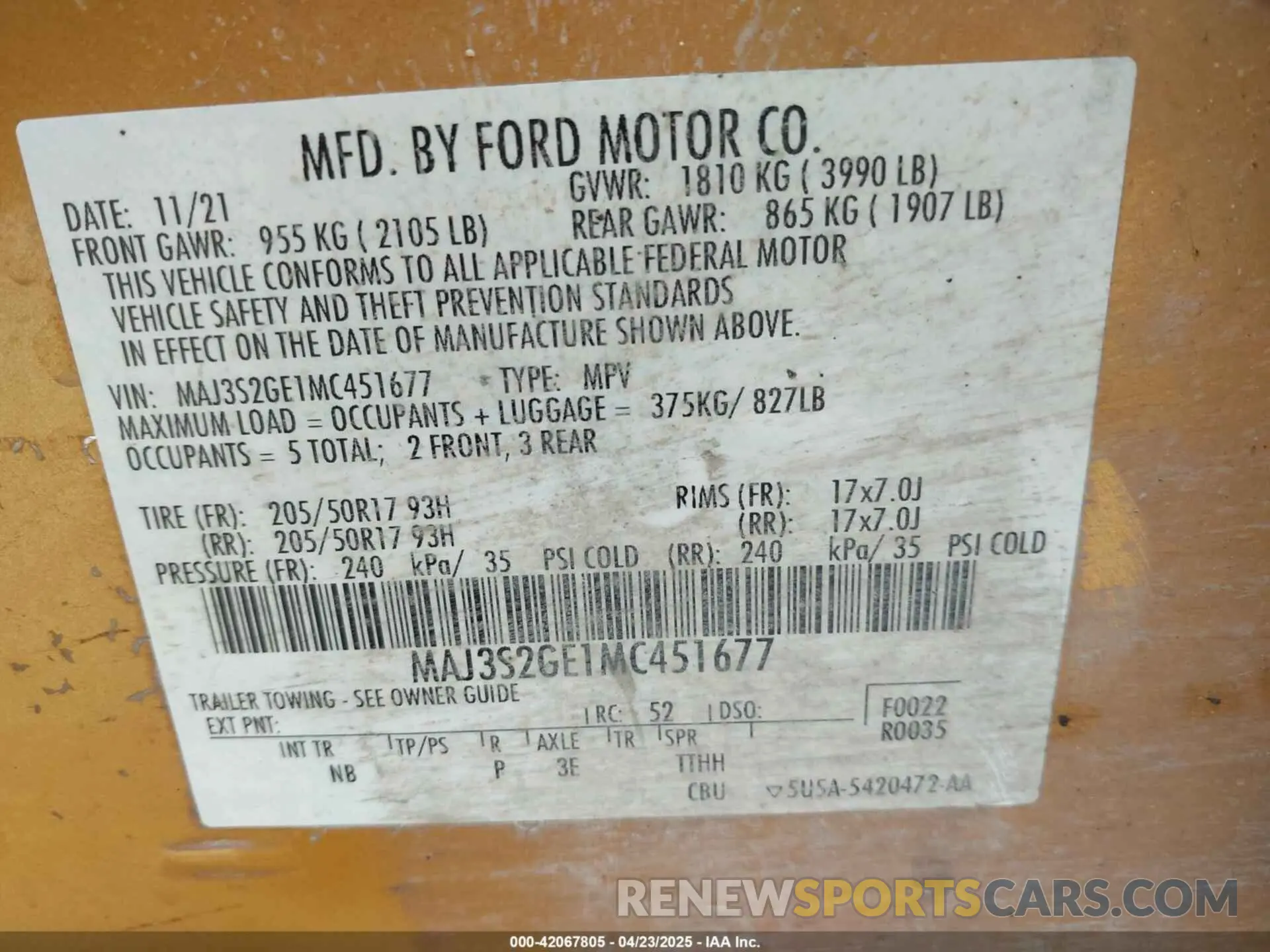 9 fotografías del automóvil dañado MAJ3S2GE1MC451677 FORD ECOSPORT 2021