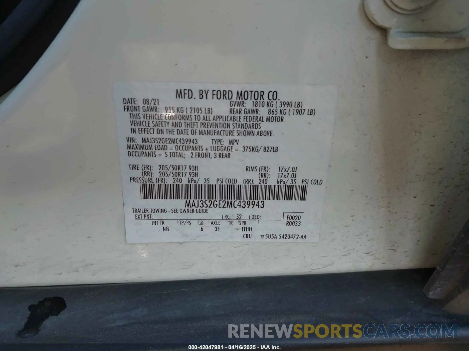 9 fotografías del automóvil dañado MAJ3S2GE2MC439943 FORD ECOSPORT 2021
